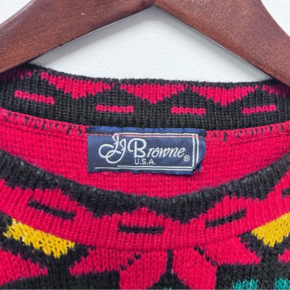 Vintage Teddy Bear Knit Holiday Sweater Red Black Metallic - Picture 4 of 8